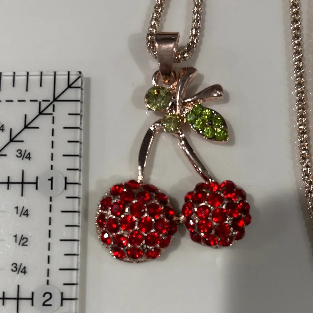 Elegant Cherry Pendant Necklace with Red and Green Crystals - Picture 3 of 3